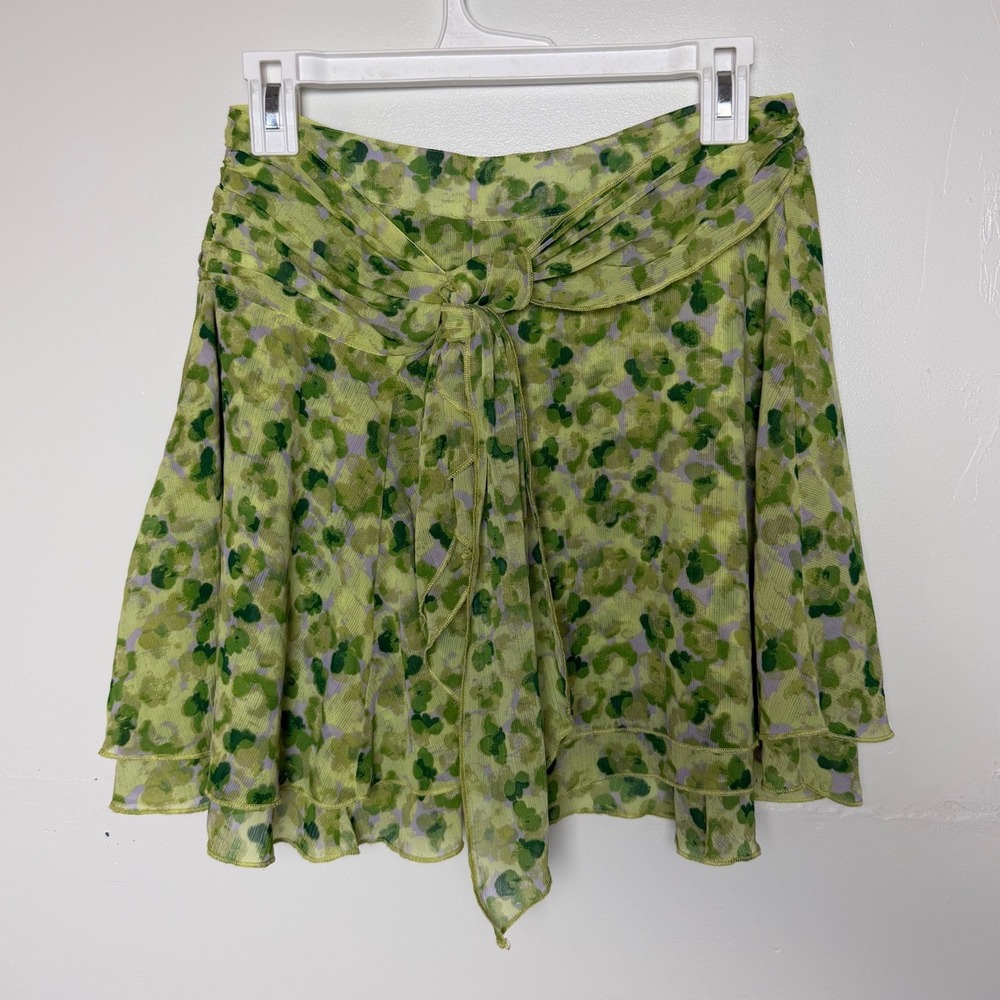 Aerie Green Watercolor Chiffon Mini Wrap Skirt Layered Ruffle Soft/Flowy  Sz S